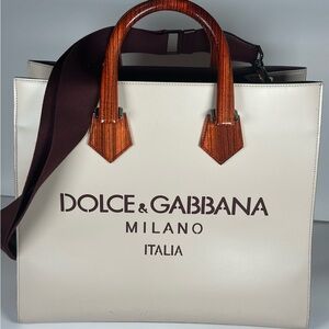 Dolce & Gabbana Cream Leather 2 Way Shopper Tote with Wood-Effect Handles